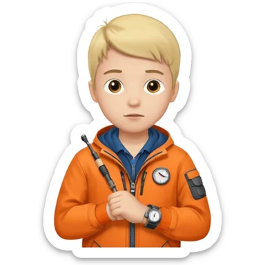 Boy in fishing suit looking at his wristwatch sticker