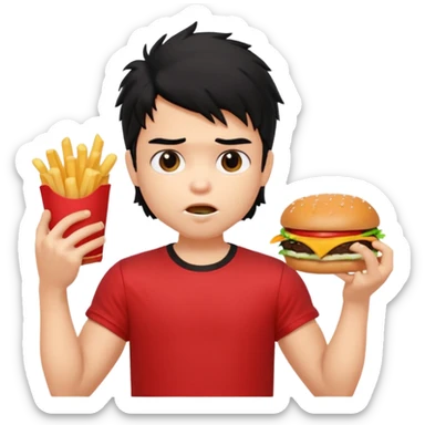 generate a pretty fair bratz boy with a messy mullet (black hair), wearing a red tshirt. eating a burger and fries, big biceps sticker
