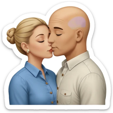 Mid aged Hispanic bald man kissing mid aged dark blonde white woman. She’s wearing a bun. He’s wearing a button down shirt. sticker