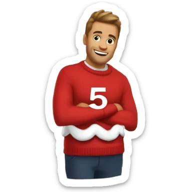 Red christmas sweater with thing 5 written on it with white letters sticker