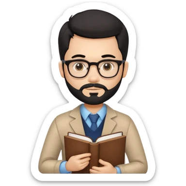 a pretty bratz teacher male with black hair, spectacles on, holding a book in hand and a chocolate in the other. bearded sticker