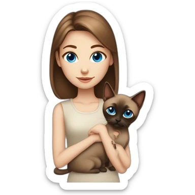 Blue-eyed girl with brown hair with siamese cat and miniature pincher sticker