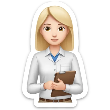 intern or volunteer holding a clipboard and pencil, ready to take notes or assist. The character wears a simple shirt and has an eager posture sticker