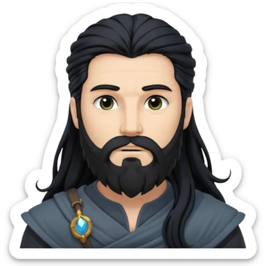 Boreas, North Wind God from Rome Mythology with long jet black hair and beard, dark gray outfit sticker