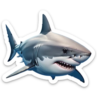 Cinematic Noble Great White Shark Portrait Emoji, Poised and regal, with a robust, torpedo-shaped body, a pointed snout, a gleaming white underbelly contrasting with a slate gray dorsal surface, and piercing, intense eyes scanning deep blue waters, Simplified yet sharp and sophisticated features, highly detailed, glowing with a cool, oceanic luminescence, high shine, intelligent and commanding, stylized with an air of marine authority, focused and vigilant, soft glowing outline, capturing the essence of a watchful and confident predator that appears ready to surge out of the screen with effortless power! sticker