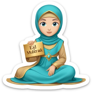 Turkish beautiful finish Konya girl blue eyes with gold hijab and islamic long tailed turquoise dress on the ground and had on her hand text Eid Mubarak  sticker