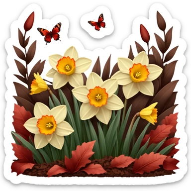 Golden daffodils bloom among deep brown-red leaves, while delicate brown butterflies flutter nearby. Warm sunlight casts a vintage glow over the scene. sticker