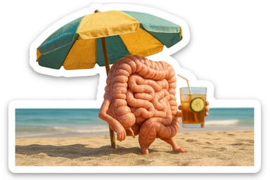 INTESTINO SEDUTO IN SPIAGGIA SOTTO L'OMBRELLONE MENTRE BEVE THè FREDDO CON CETRIOLO
IPERREALISTICO 4K sticker