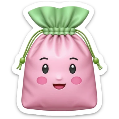 A Korean fortune pouch (bokjumeoni) in iPhone emoji style, pastel pink and light green colors, soft 3D glossy texture, centered, no outlines, transparent background. sticker