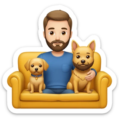 Bearded guy on couch with small yellow dog sticker