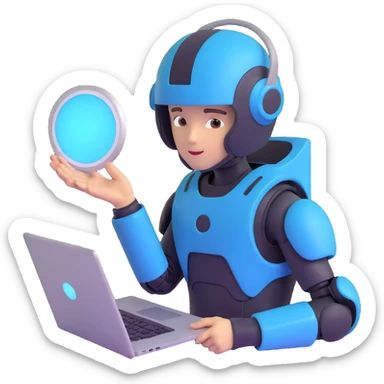 futuristic tech boy with robot helmet, glowing white circle, high-tech laptop, neon cyberpunk room, holographic displays, focused, mysterious sticker