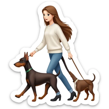 A beautiful long-haired white woman wearing a white sweater walking a Doberman sticker