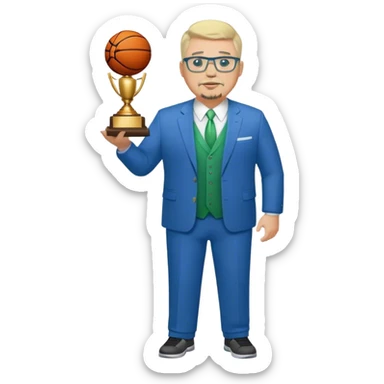 Full Body white fat male  wearing glasses with a goatee with light blonde gray very short hair basketball head Coach in blue and green suit holding trophy sticker