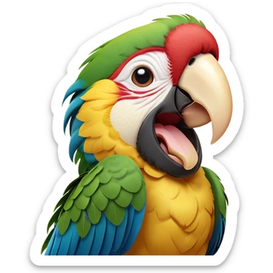 Cinematic Cute Yawning Macaw Portrait Emoji, Head tilted slightly with a dramatic, wide-open yawn, showcasing resplendent feathers and sleepy, half-closed eyes brimming with relaxed elegance, Simplified yet irresistibly adorable features, highly detailed, glowing with a soft, cozy tropical glow, high shine, relaxed yet expressive, stylized with a hint of whimsical charm, soft glowing outline, capturing the essence of a drowsy yet affectionate macaw that appears ready to stretch out for a nap! sticker