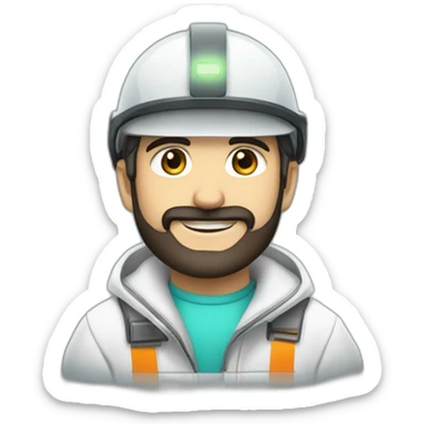 A young Turkish electrical engineer with a light black beard, a white helmet and a phosphorescent protection jacket sticker