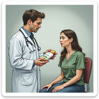realistic illustration of a doctor in a white coat delivering medicine to a patient with a neutral or detached expression, the patient appears suffering, clinical background, atmosphere suggesting the medicine only masks symptoms sticker