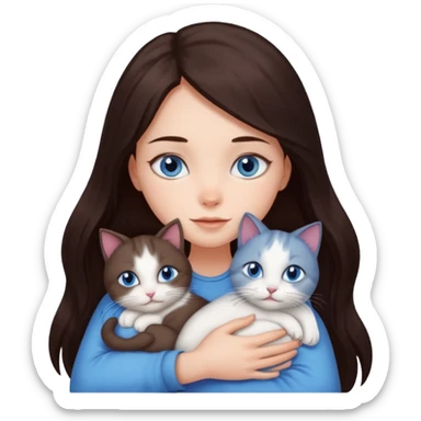 a girl with long dark 
brown hair, with blue eyes, hugs 3 different natural coloured cats sticker