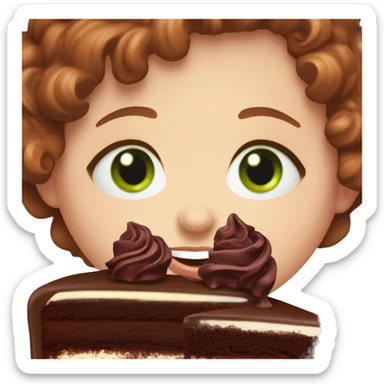 a white girl with burgundy wavy hair and black eyeliner and green eyeseating a huge piece of chocolate cake  sticker