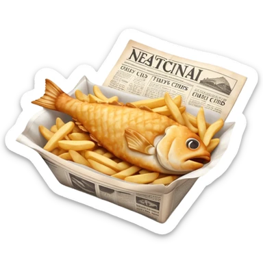 Cinematic Realistic Fish and Chips Dish Emoji, depicted with crispy golden battered fish and chunky hand‚Äêcut chips served in traditional newspaper wrapping, rendered with mouth‚Äêwatering texture and warm natural lighting that captures its quintessential British charm. sticker