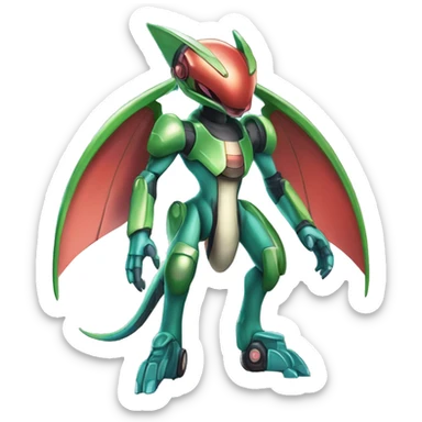 a shiny metallic Genesect-Flygon-Raptor-Fakémon-Medabot-hybrid with a futuristic visor-helmet full body sticker