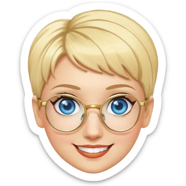 blonde teacher with pixie haircut, gold glasses, blue eyes, big eyelashes, nice smile sticker