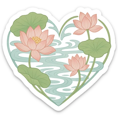 heart with a lotus pond theme, clean digital illustration sticker