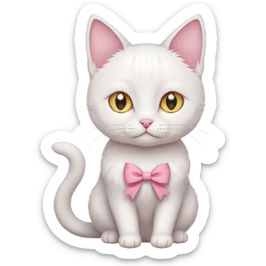 white cat sitting and she has a pink small bow on her right ear,she has golden eyes,she's fully white,even her ears,the only color is the pink small bow on her right ear,the cat is small sticker
