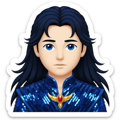 Zephyr, God of West Wind from Gods and Goddesses with long jet black hair, dark blue sequin outfit sticker