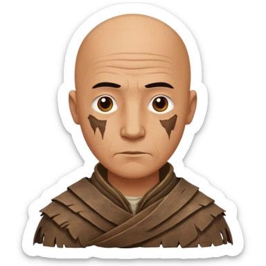 ancient man bold head, tattered animal skin leather sticker