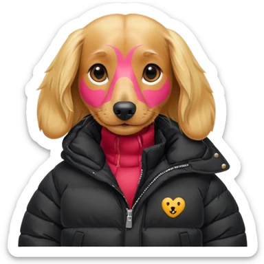 Long hair blonde Daschund dog in oversized black puffer  sticker