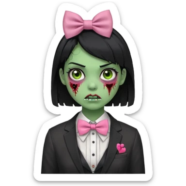 zombie green skin girl, black hair with pink bow tie sticker