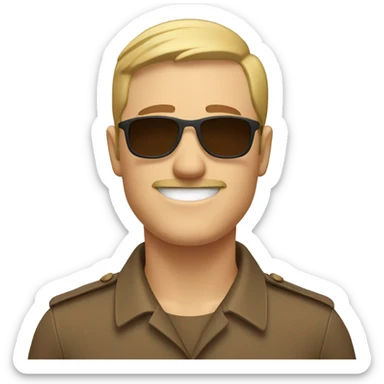 smiling white man with a short haircut and short mustache wearing a brown uniform and sunglasses sticker