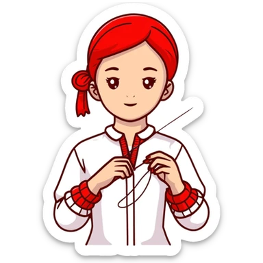 A young Ukrainian girl in a white embroidered shirt holds a red thread and a needle in her hand sticker