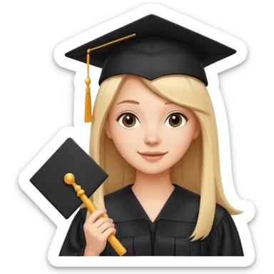 white girl with straight hair, holding diploma, black graduation cap and gown, cheerful sticker