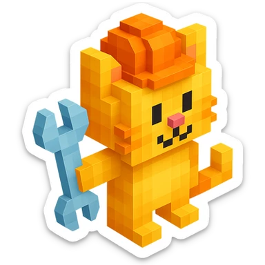 worker cat with orange construction hat holding a wrench in voxel style sticker