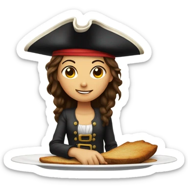 Brunette girl on platter with pirate hat sticker