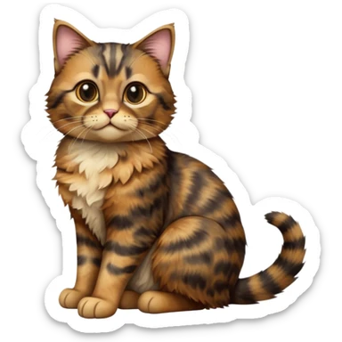 cinematic-[tortoiseshell tabby cat]-realistic-full-body-sitting-emoji,-tail-curled-playfully-around-its-paws,-head-tilted-dramatically,-scruffy-[dark faced tortoiseshell coloured]-fur,-simplified-yet-realistic-focused-features,-highly-detailed,-glowing-with-an-almost-sarcastic-glow sticker