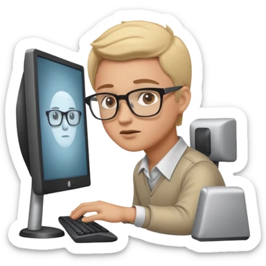 IT worker with glasses at a computer monitor sticker
