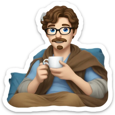 brown hair blue eyes moustache and Soul patch pale guy with glasses drinking tea with blanket on sticker