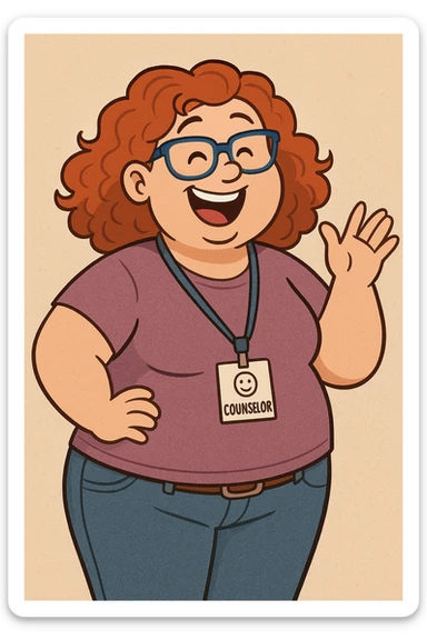 fun high school female counselor, curly red shoulder-length hair, blue glasses, overweight, cheerful expression, sense of humor, casual outfit, cartoon style sticker