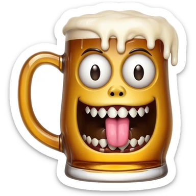 Mimic monster disguised as a beer mug with teeth and tongue, tipsy looking eyes sticker