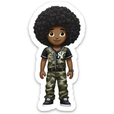 Crea un muchacho rockero, con pantalón camuflageado y una playera negra de NY yankees, con cabello tipo afro , brazos tatuados y un letrero que diga tichobboy sticker