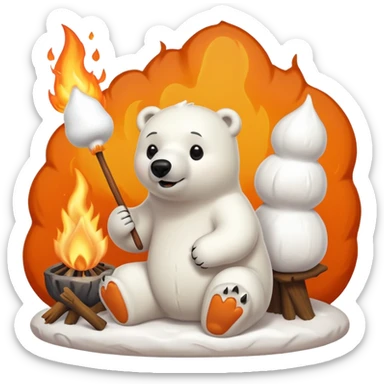 polar bear by a campfire roasting a marshmallow on a stick sticker