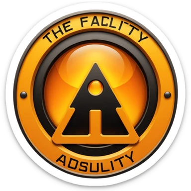 glowing amber industrial emblem above bold text reading “THE FACILITY”, dark background, clean typography, sci-fi bunker aesthetic, high contrast, sticker