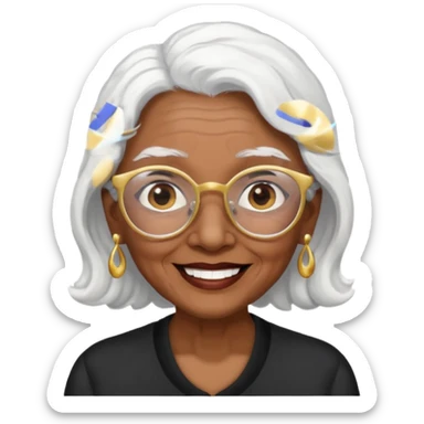 old lady with soft waves white hair, dark brown skin, and large brown eyes, wearing black-rimmed glasses and gold earrings, with a friendly smile sticker