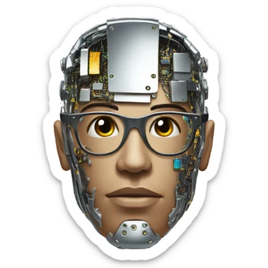 Male cyborg head with metallic plated face, flat top, glasses and circuits sticker