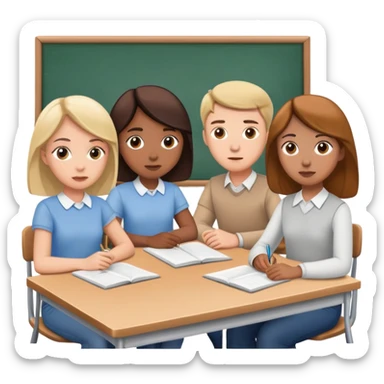 five caucasian people sitting together in classroom learning sticker