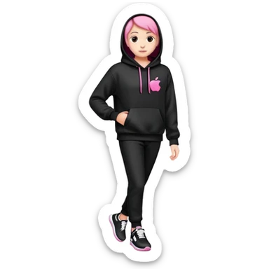 A person in the style of apple emoji, wearing a black hoodie with a pink and white logo, black pants, and black and white sneakers. sticker