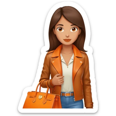 Beautiful woman wearing a leather Hermes jacket and carrying an orange Hermes Birkin Bag. I want the image to be close up.  sticker