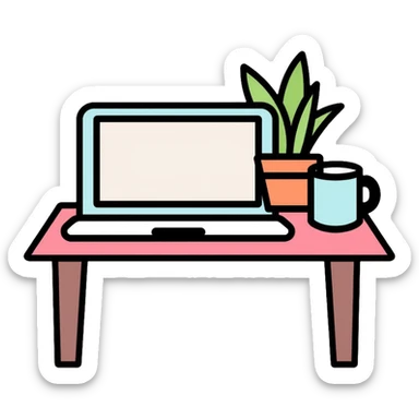A neat desk workspace with an open laptop, coffee mug, and a small potted plant, minimalist and organized sticker